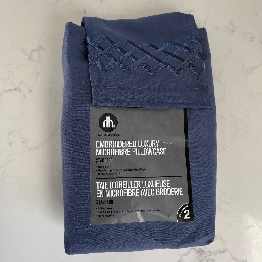 Hometrends Embroidered Luxury Microfibre Standard Pillowcases 2 pouches  Blue
